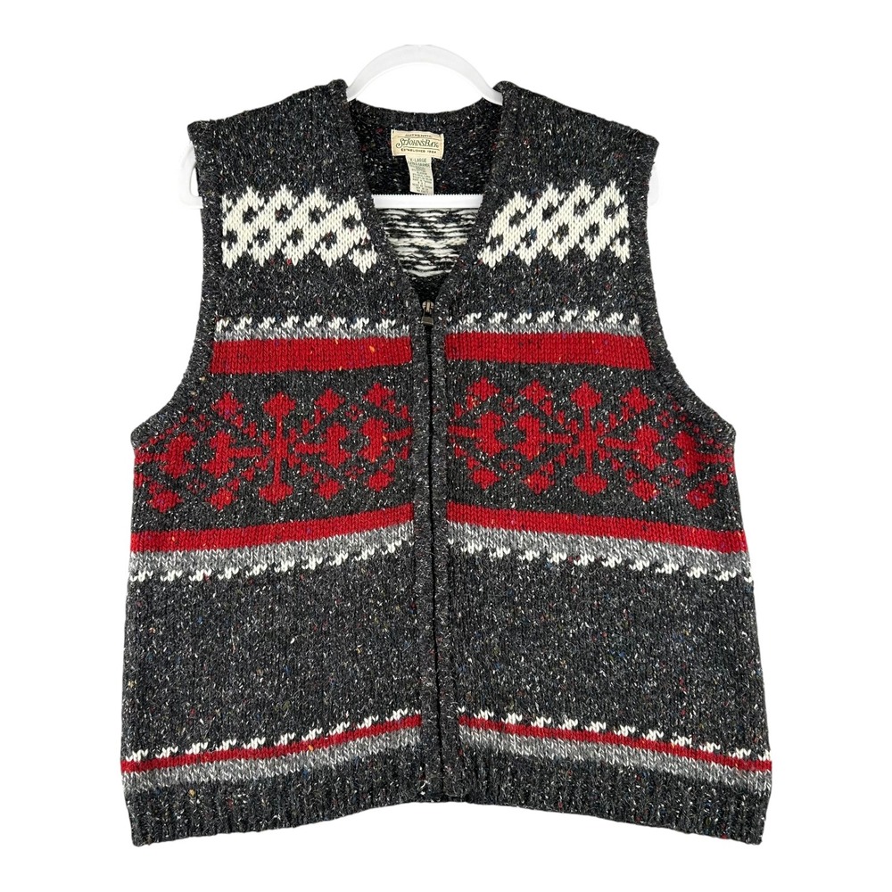 VTG St‎ Johns Bay Acrylic Wool Gray Red Fair Isle Zip Sweater Womens X-Large